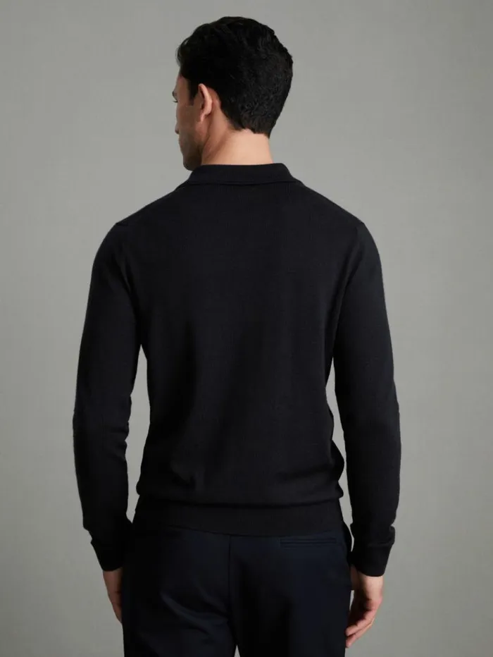 REISS Sweaters Men Merino Wool Open Collar Polo Shirt Navy