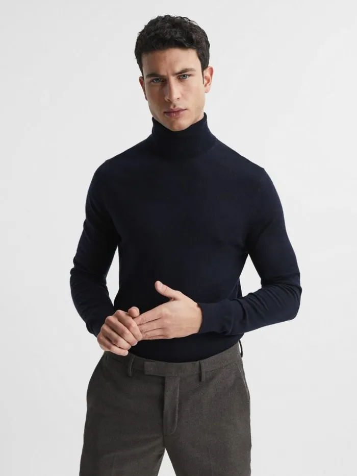 REISS Sweaters Men Slim Fit Merino Wool Roll Neck Jumper Navy