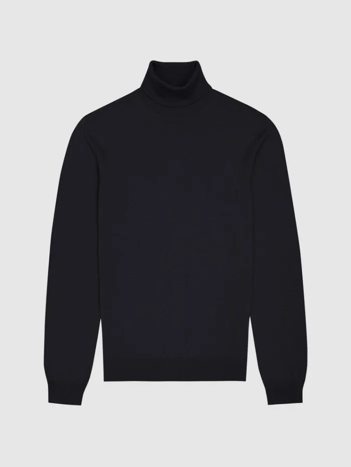 REISS Sweaters Men Slim Fit Merino Wool Roll Neck Jumper Navy