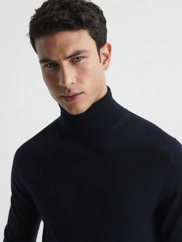 REISS Sweaters Men Slim Fit Merino Wool Roll Neck Jumper Navy