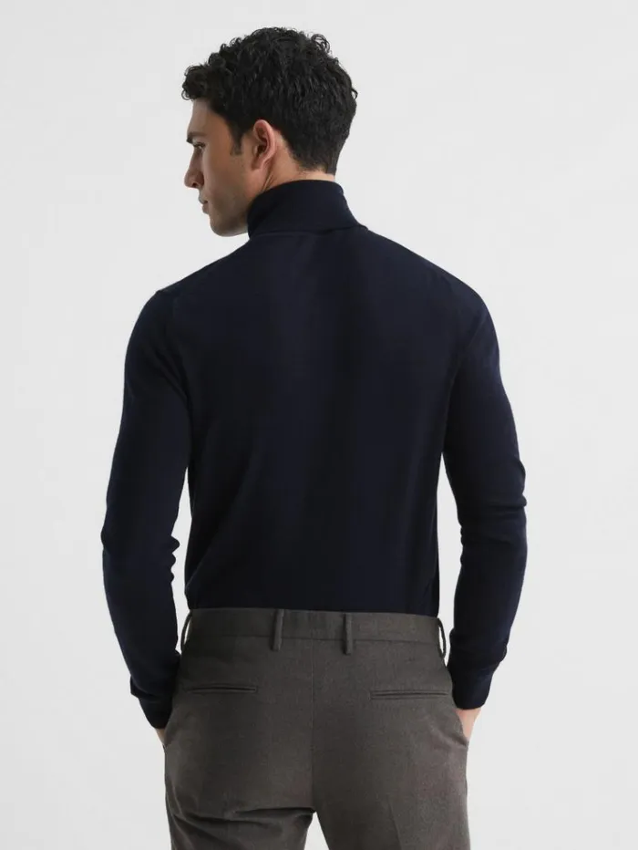 REISS Sweaters Men Slim Fit Merino Wool Roll Neck Jumper Navy