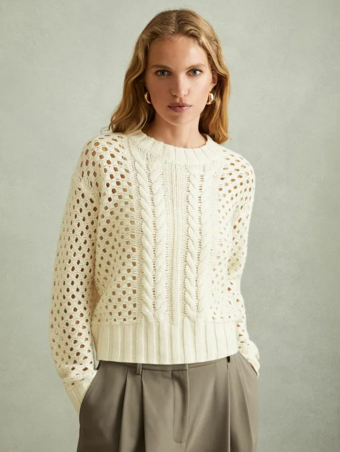 REISS Sweaters Women Cable Knit Jumper With Wool And Cashmere Ivory