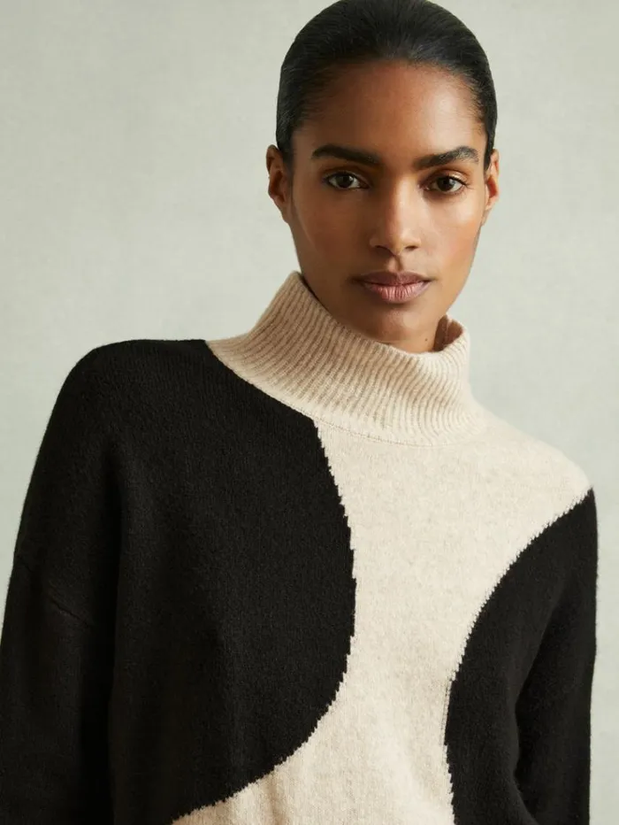 REISS Sweaters Women Colourblock Roll Neck Jumper Oatmealblack