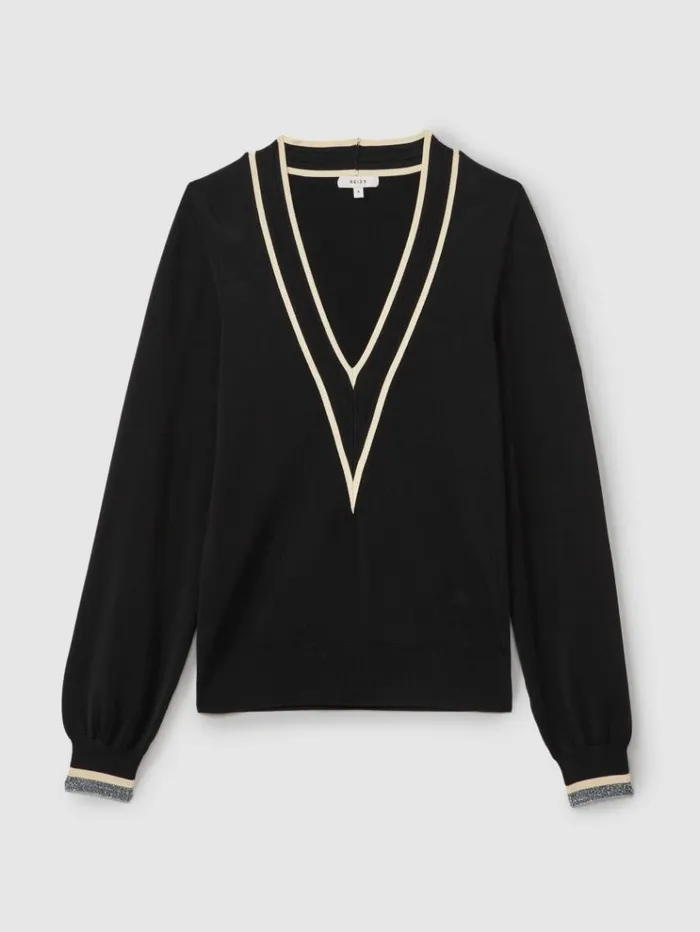 REISS Sweaters Women Contrast Trim VNeck Jumper Blackcream