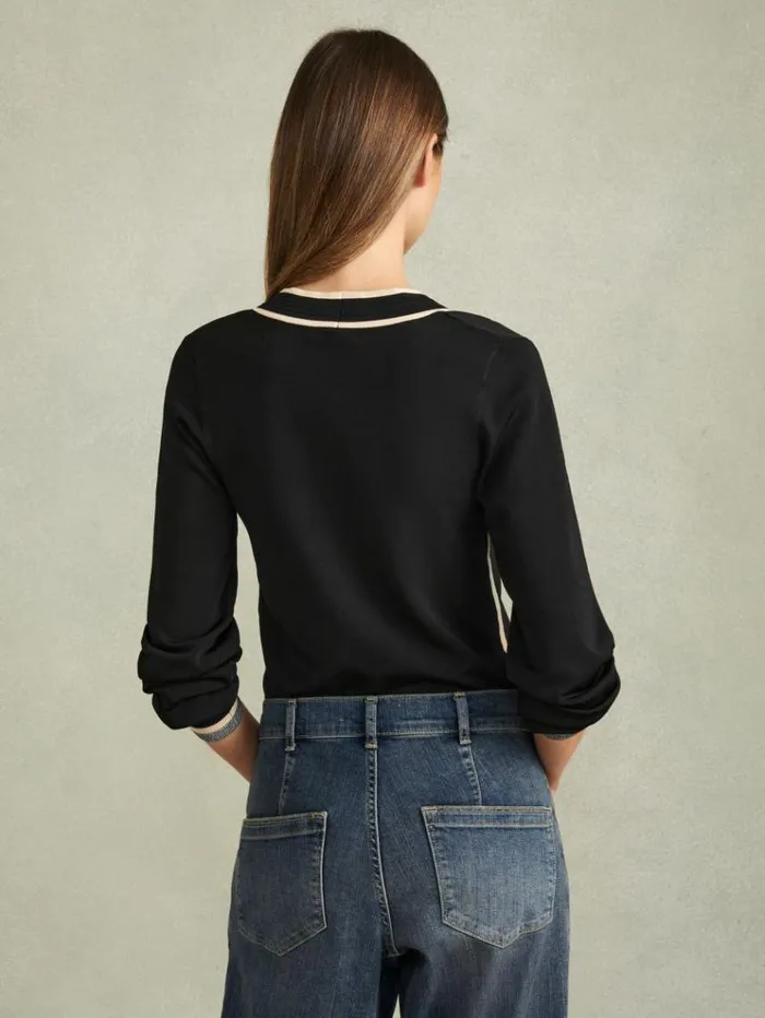 REISS Sweaters Women Contrast Trim VNeck Jumper Blackcream