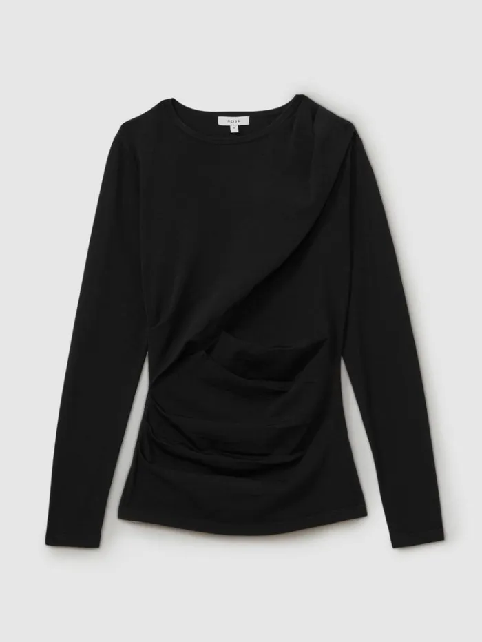 REISS Sweaters Women Draped Front Ruched Top Black