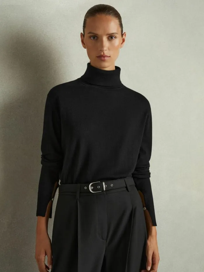 REISS Sweaters Women Merino Wool Roll Neck Jumper Black