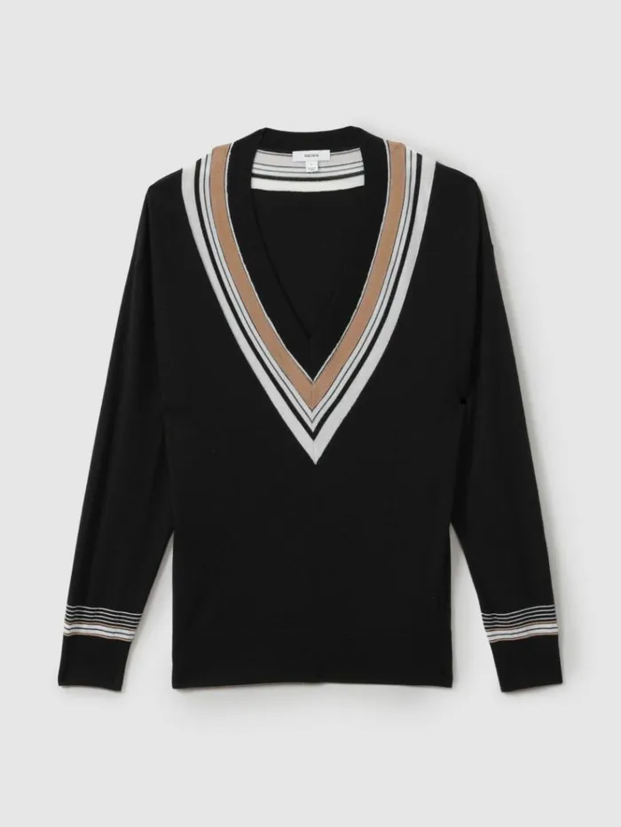 REISS Sweaters Women Striped Trim VNeck Jumper Blackwhite