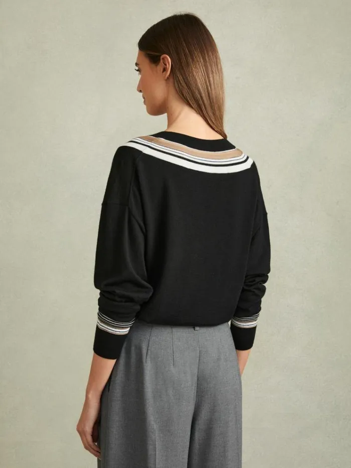 REISS Sweaters Women Striped Trim VNeck Jumper Blackwhite