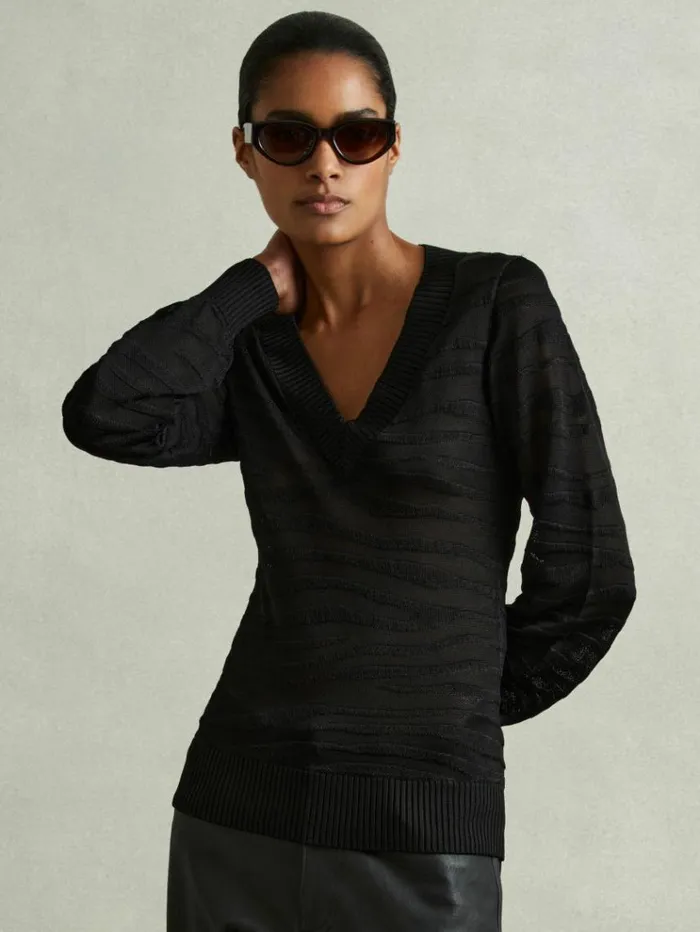 REISS Sweaters Women Striped VNeck Jumper Black