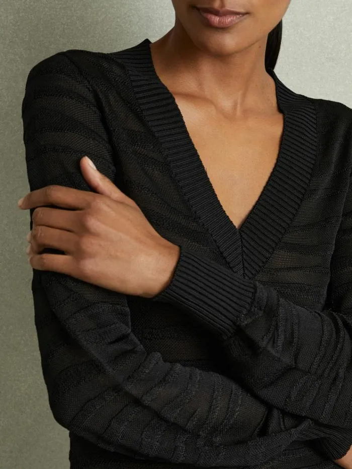 REISS Sweaters Women Striped VNeck Jumper Black