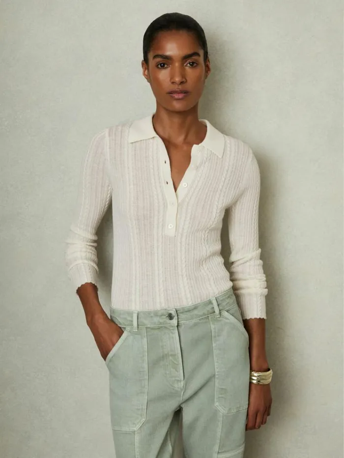 REISS Sweaters Women Wool Cable Knit Polo Neck Jumper Cream