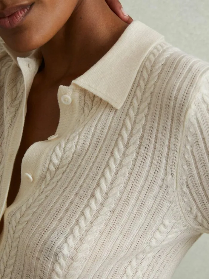 REISS Sweaters Women Wool Cable Knit Polo Neck Jumper Cream