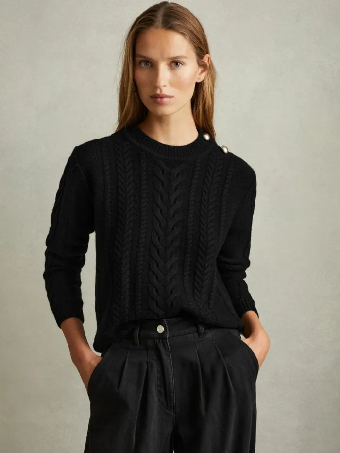 REISS Sweaters Women WoolCashmere Cable Knit Jumper Black
