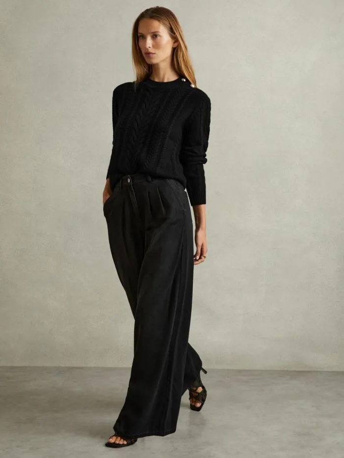REISS Sweaters Women WoolCashmere Cable Knit Jumper Black