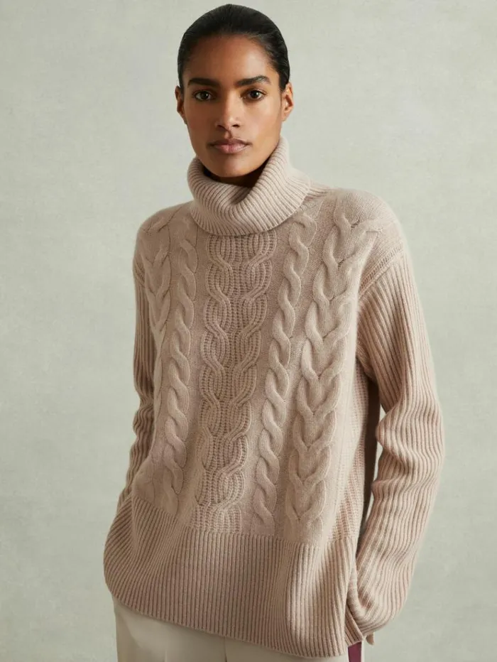 REISS Sweaters Women WoolCashmere Cable Knit Roll Neck Jumper Mink