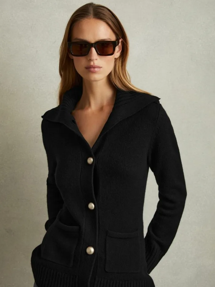 REISS Sweaters Women WoolCashmere Spread Collar Cardigan Black