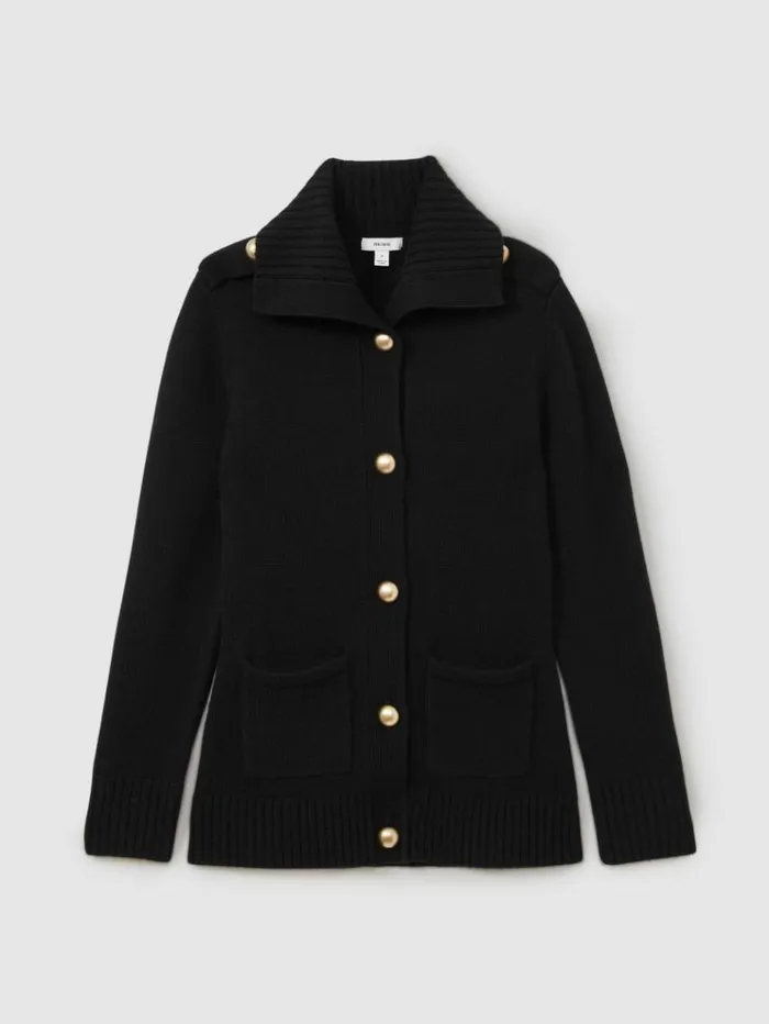 REISS Sweaters Women WoolCashmere Spread Collar Cardigan Black