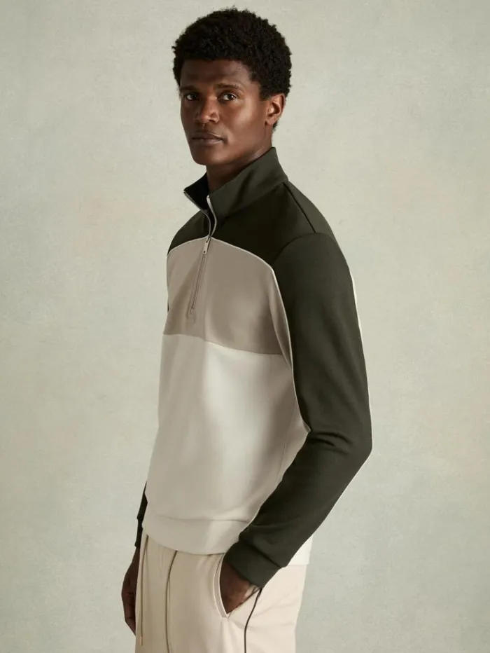 REISS Sweats Hoodies and Joggers Men Interlock ColourBlock HalfZip Sweatshirt Forest Greenoff White REISS Sweats Hoodies and Joggers Men Interlock ColourBlock HalfZip Sweatshirt Forest Greenoff White