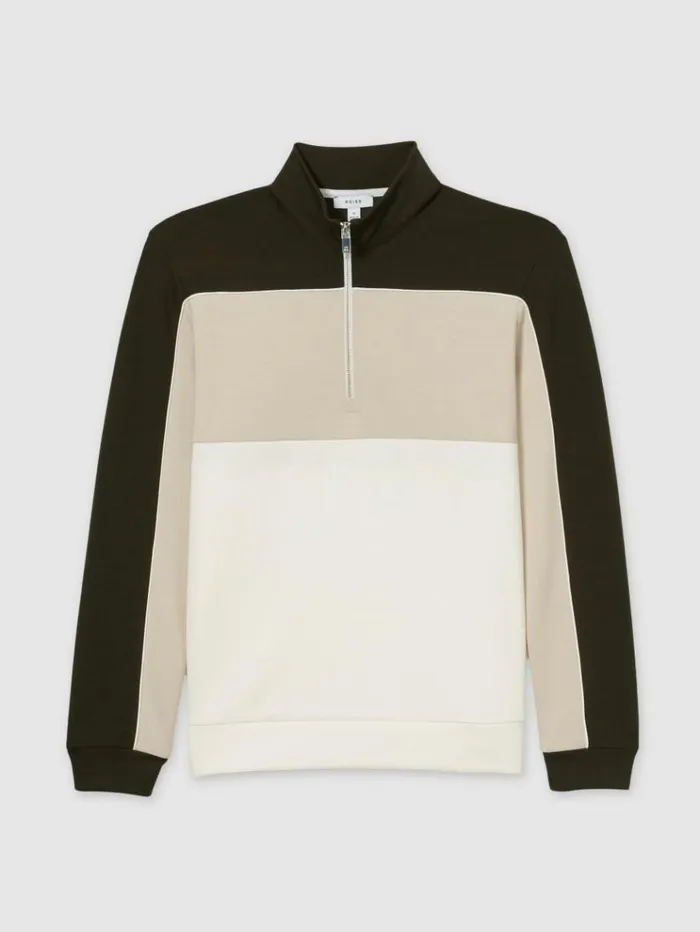 REISS Sweats Hoodies and Joggers Men Interlock ColourBlock HalfZip Sweatshirt Forest Greenoff White