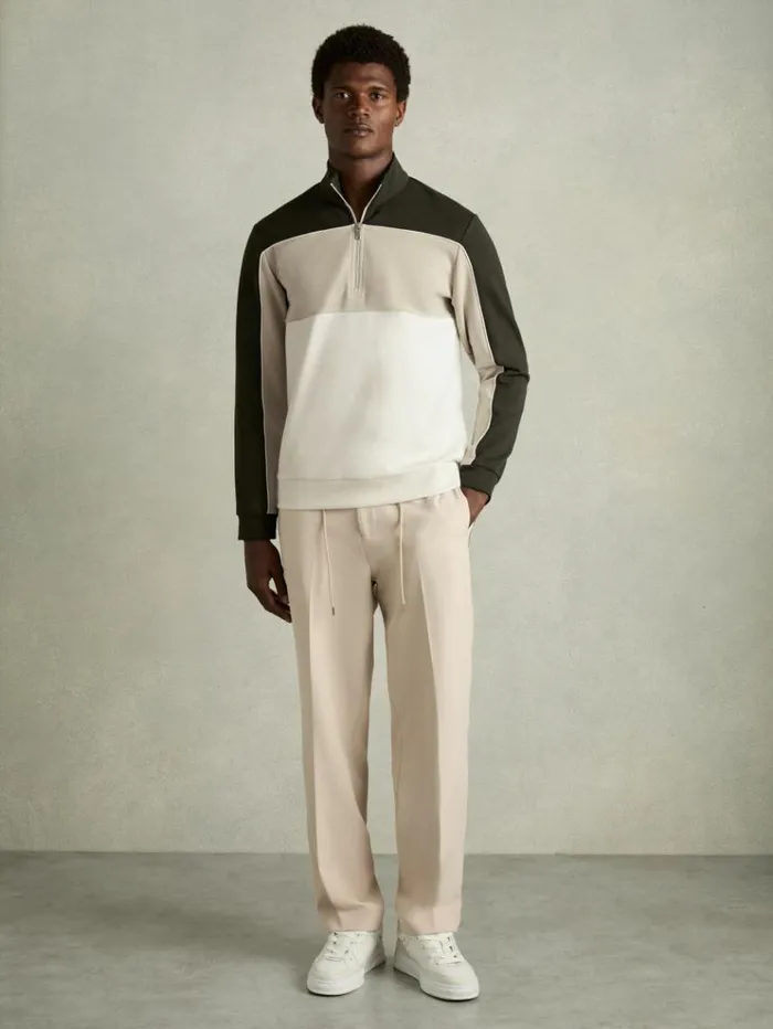 REISS Sweats Hoodies and Joggers Men Interlock ColourBlock HalfZip Sweatshirt Forest Greenoff White