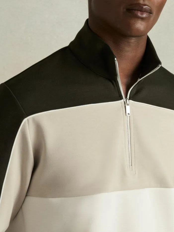 REISS Sweats Hoodies and Joggers Men Interlock ColourBlock HalfZip Sweatshirt Forest Greenoff White