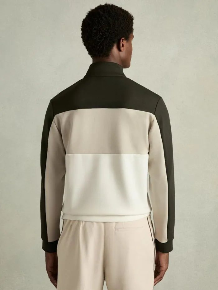 REISS Sweats Hoodies and Joggers Men Interlock ColourBlock HalfZip Sweatshirt Forest Greenoff White
