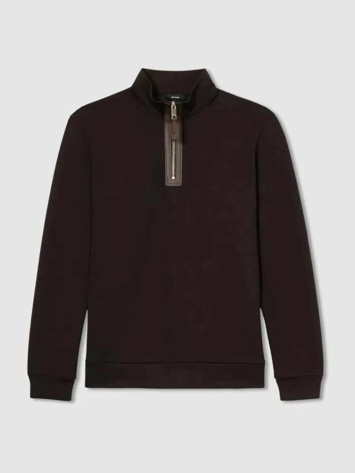 REISS Sweats Hoodies and Joggers Men Leather Placket Interlock Jersey Sweatshirt Chocolate Brown
