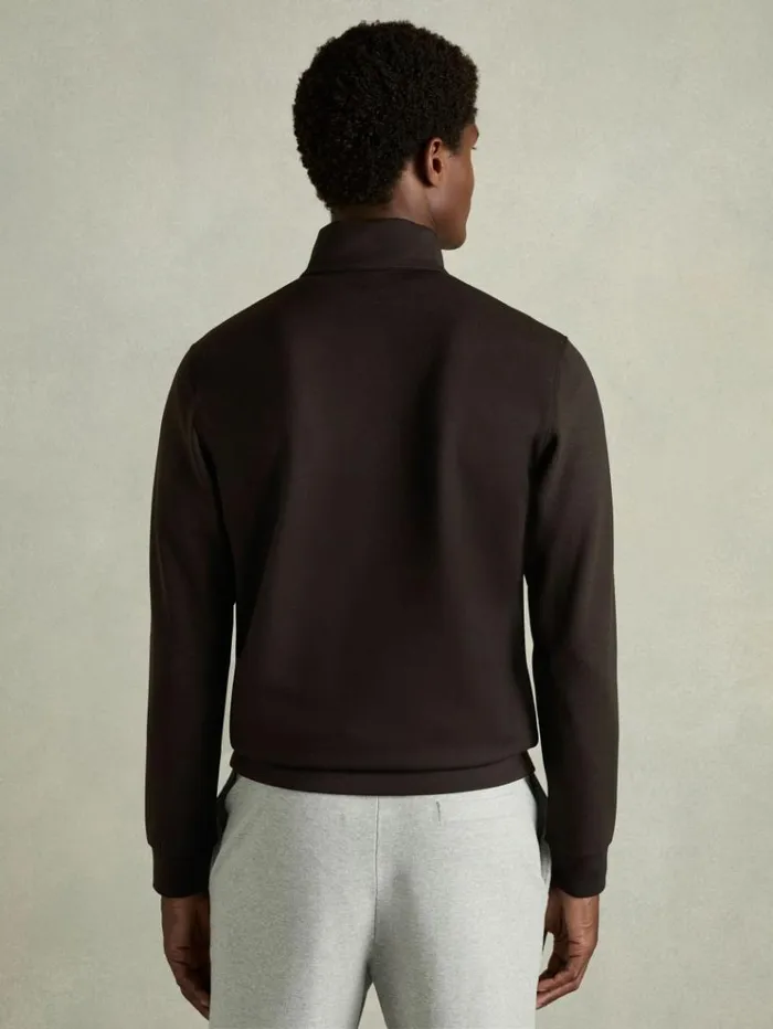 REISS Sweats Hoodies and Joggers Men Leather Placket Interlock Jersey Sweatshirt Chocolate Brown