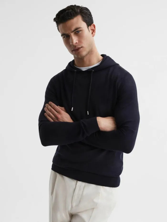 REISS Sweats Hoodies and Joggers Men Merino Wool Drawstring Hoodie Navy