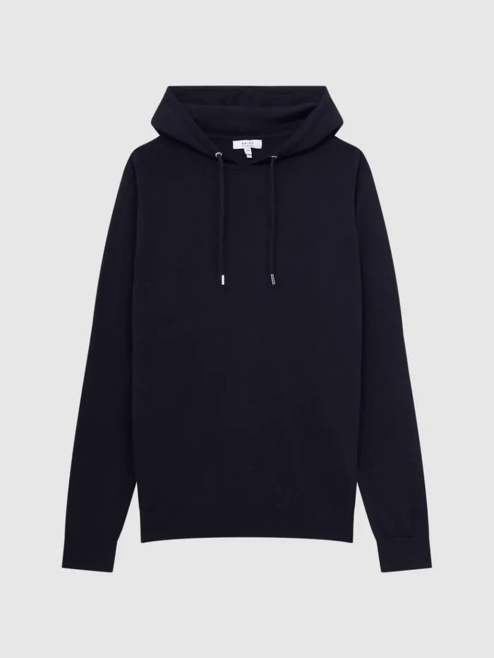 REISS Sweats Hoodies and Joggers Men Merino Wool Drawstring Hoodie Navy