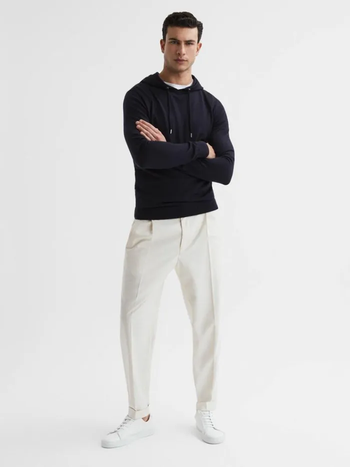 REISS Sweats Hoodies and Joggers Men Merino Wool Drawstring Hoodie Navy