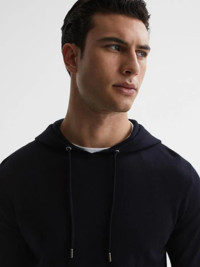 REISS Sweats Hoodies and Joggers Men Merino Wool Drawstring Hoodie Navy