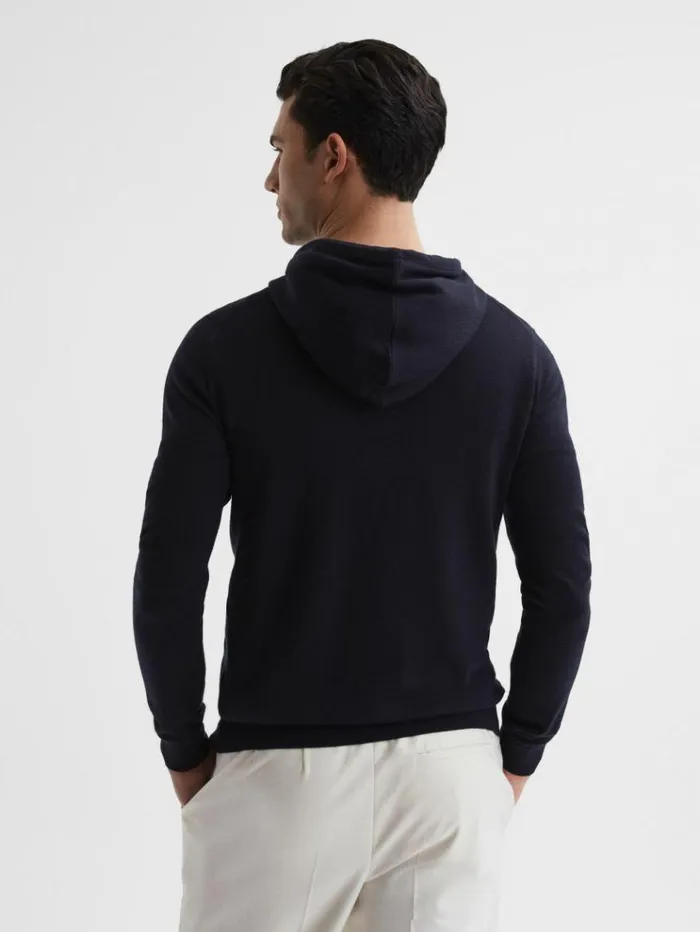 REISS Sweats Hoodies and Joggers Men Merino Wool Drawstring Hoodie Navy