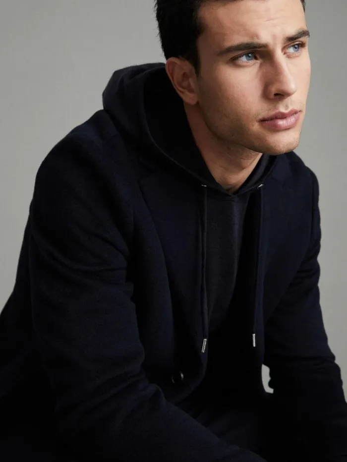 REISS Sweats Hoodies and Joggers Men Merino Wool Drawstring Hoodie Navy
