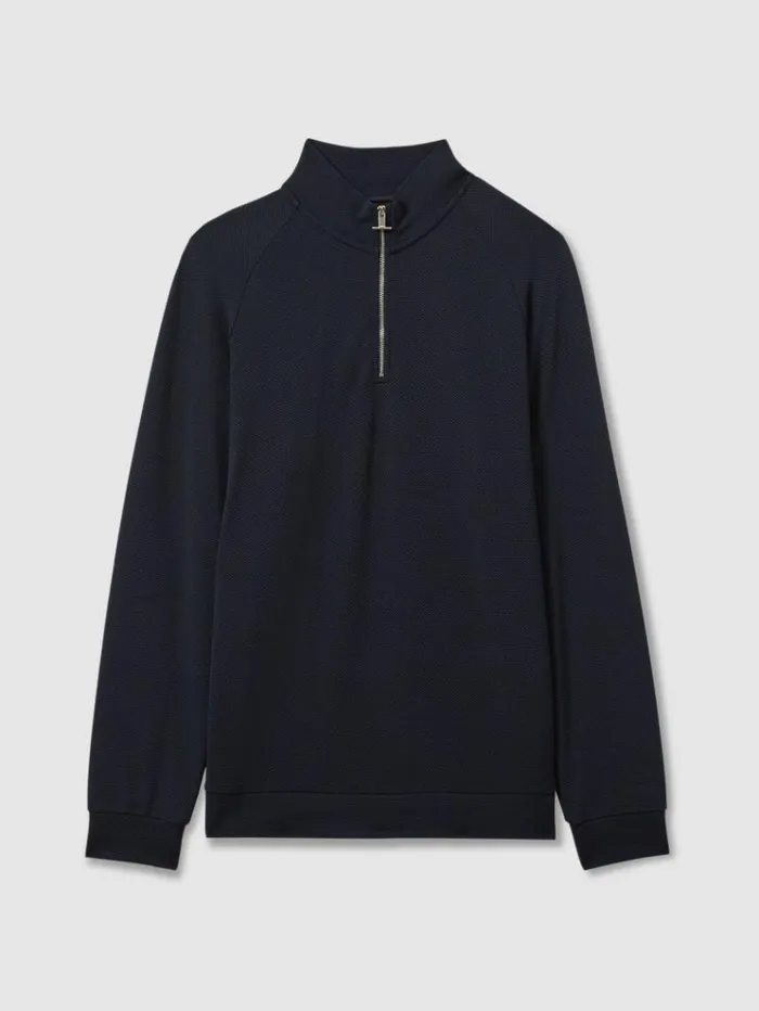 REISS Sweats Hoodies and Joggers Men Textured HalfZip FunnelNeck Sweatshirt Navy