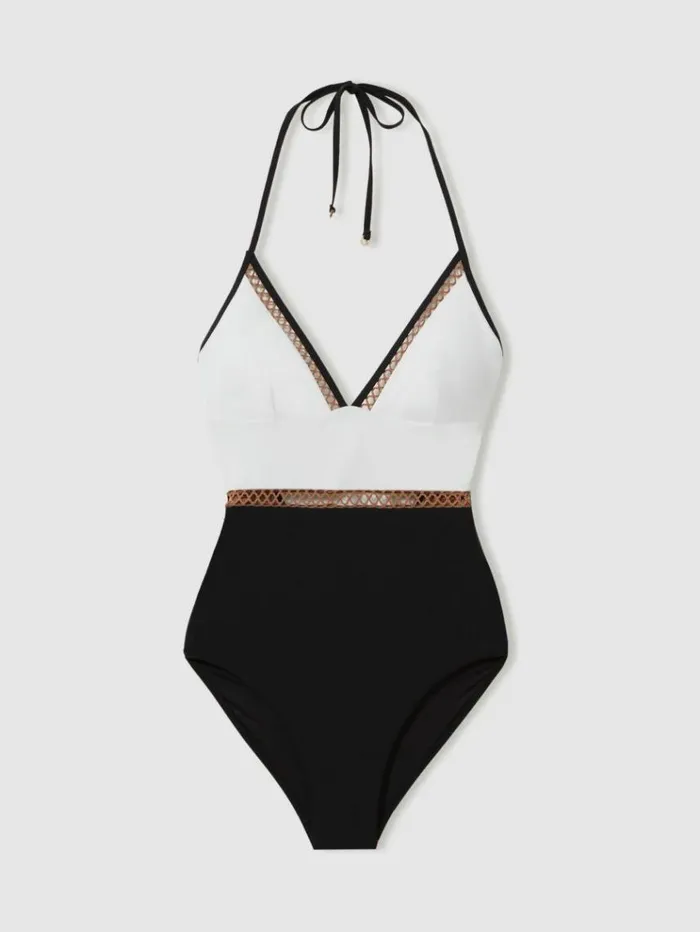 REISS Swimwear Women Colourblock Halter Swimsuit Whitetan