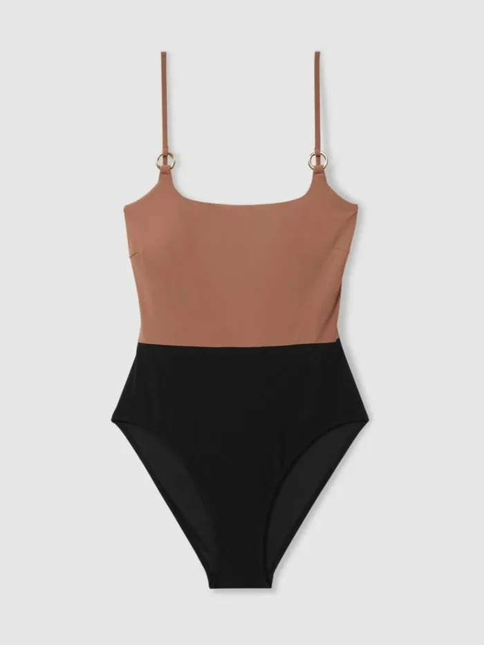 REISS Swimwear Women Colourblock Square Neck Swimsuit Minkblack