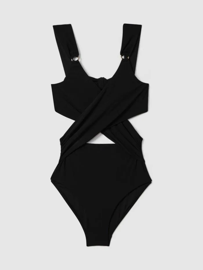 REISS Swimwear Women Cross Front CutOut Swimsuit Black