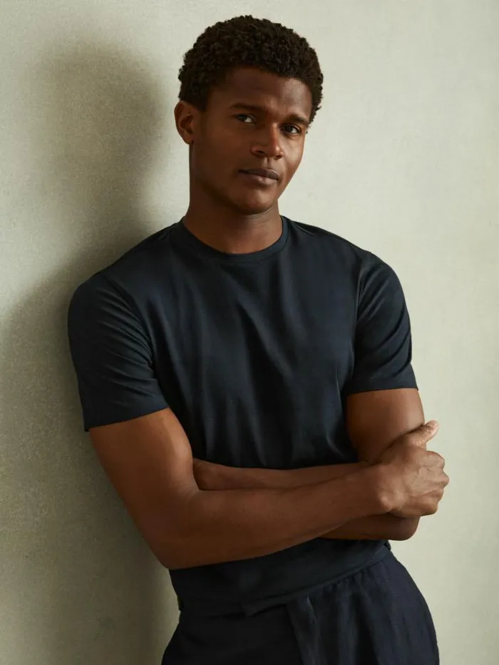 REISS TShirts Men Mercerised Jacquard Crew Neck TShirt Navy