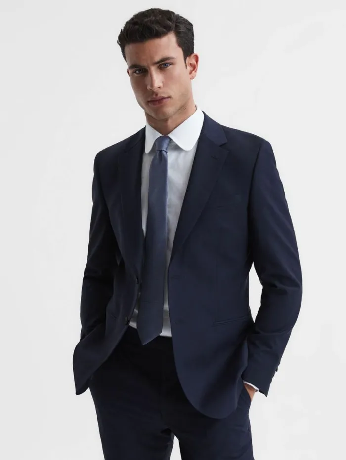 REISS Ties and Pocket Squares Men Textured Silk Blend Tie Airforce Blue