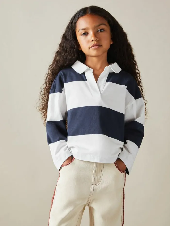 REISS Tops and TShirts Children Oversized Cotton Striped OpenCollar Rugby Top Navy