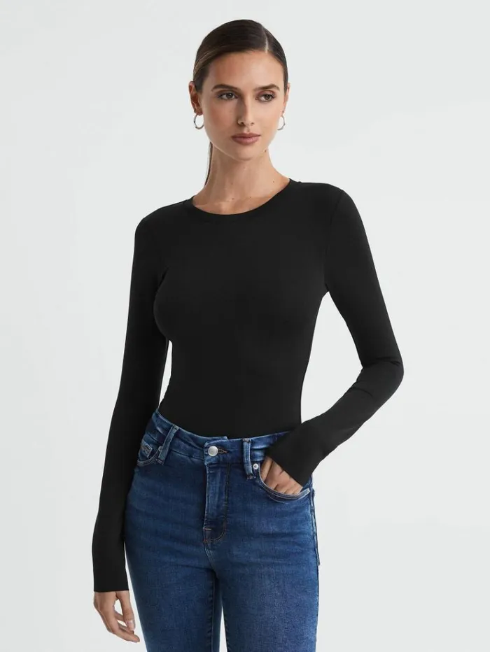 REISS Tops Women Good American Crew Neck Thong Bodysuit Black