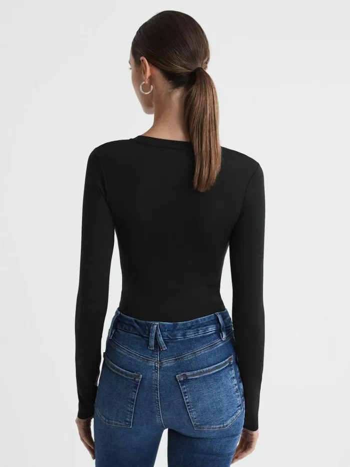 REISS Tops Women Good American Crew Neck Thong Bodysuit Black