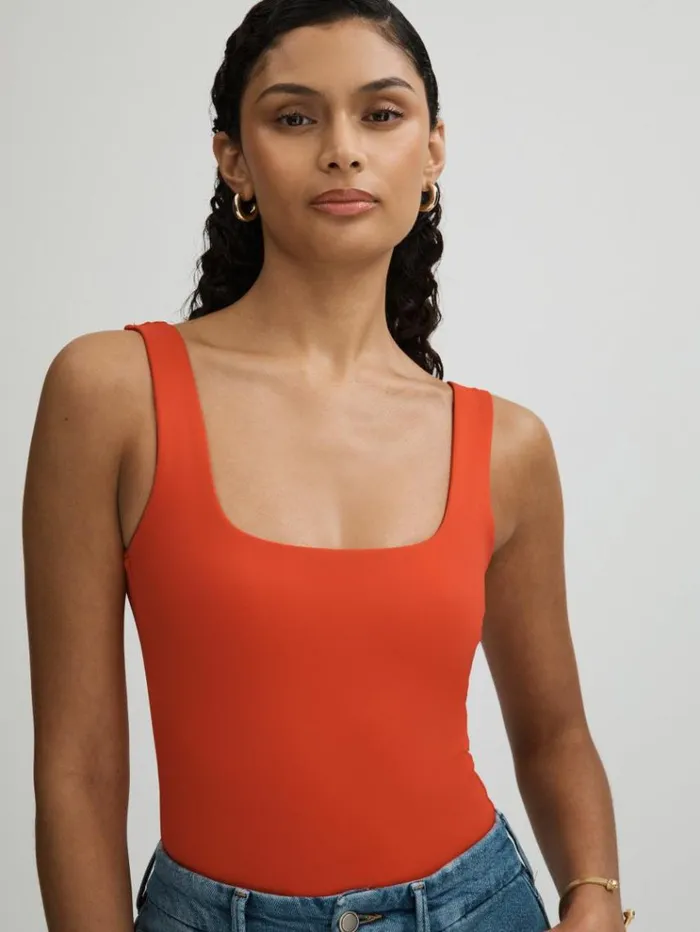 REISS Tops Women Good American Square Neck Thong Bodysuit Red