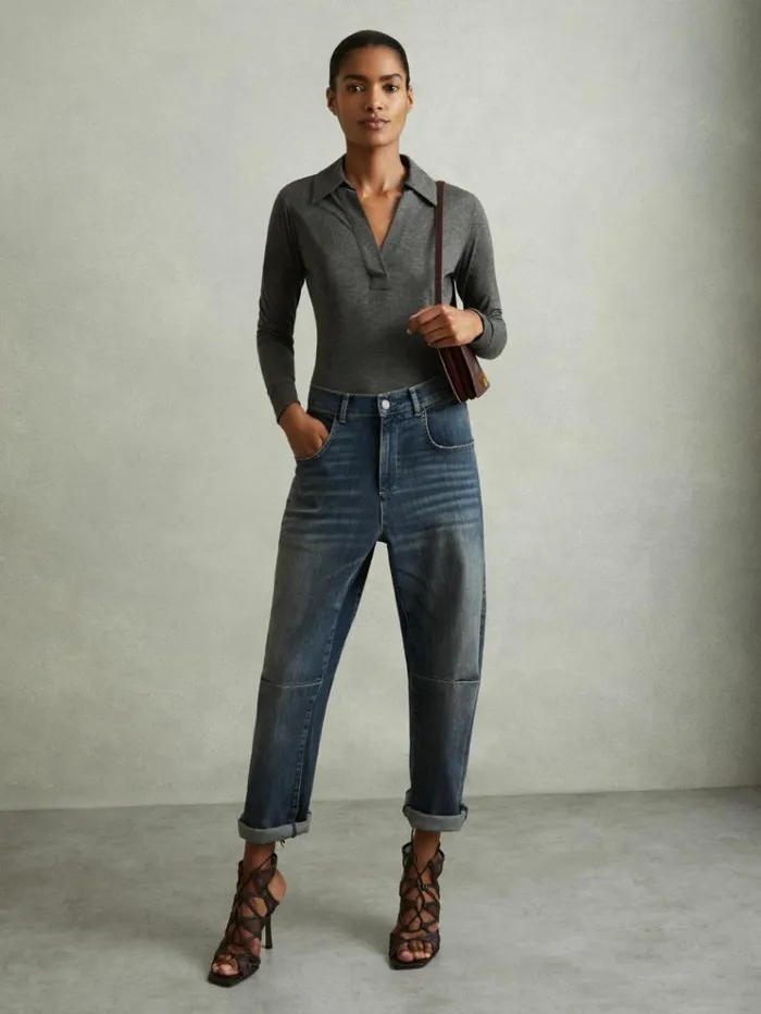 REISS Tops Women Lyocell Wool Open Collar Top Charcoal