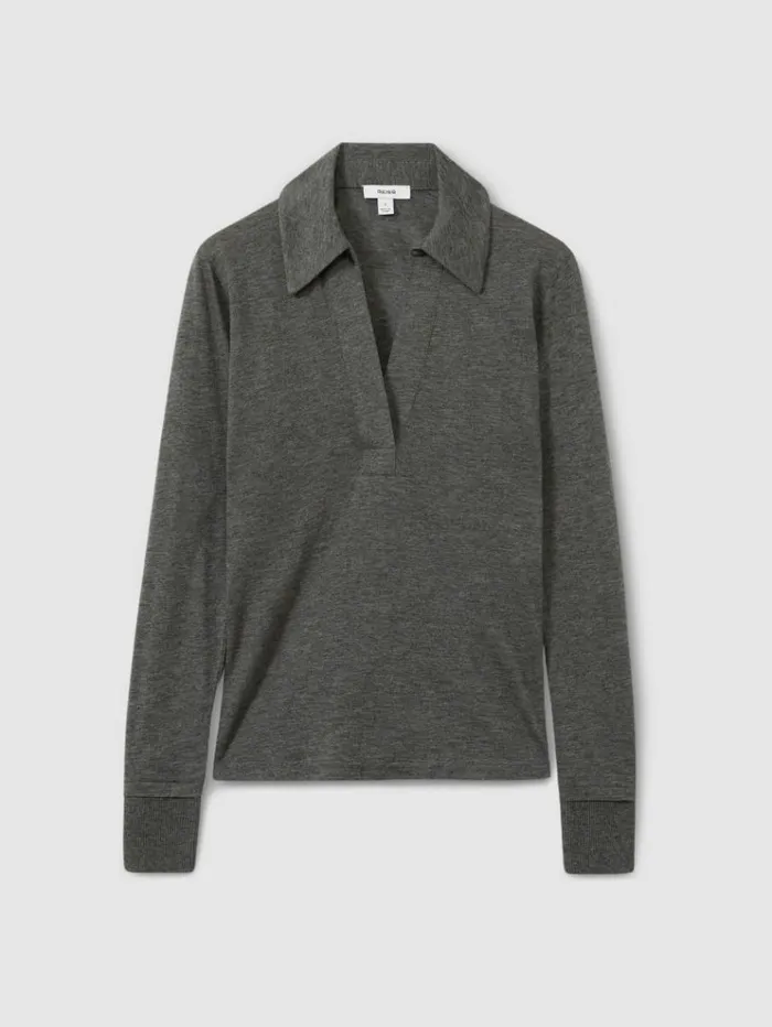 REISS Tops Women Lyocell Wool Open Collar Top Charcoal