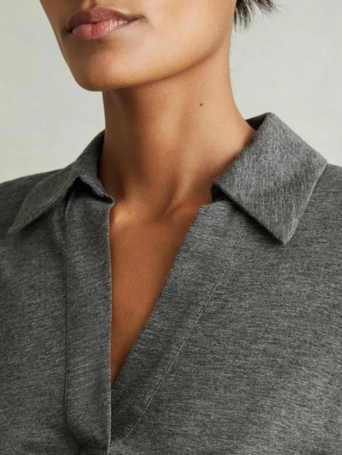 REISS Tops Women Lyocell Wool Open Collar Top Charcoal