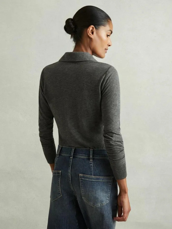 REISS Tops Women Lyocell Wool Open Collar Top Charcoal