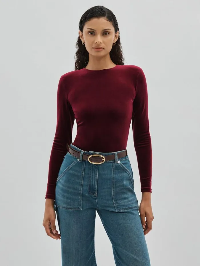 REISS Tops Women PaddedShoulder Velvet Bodysuit Burgundy